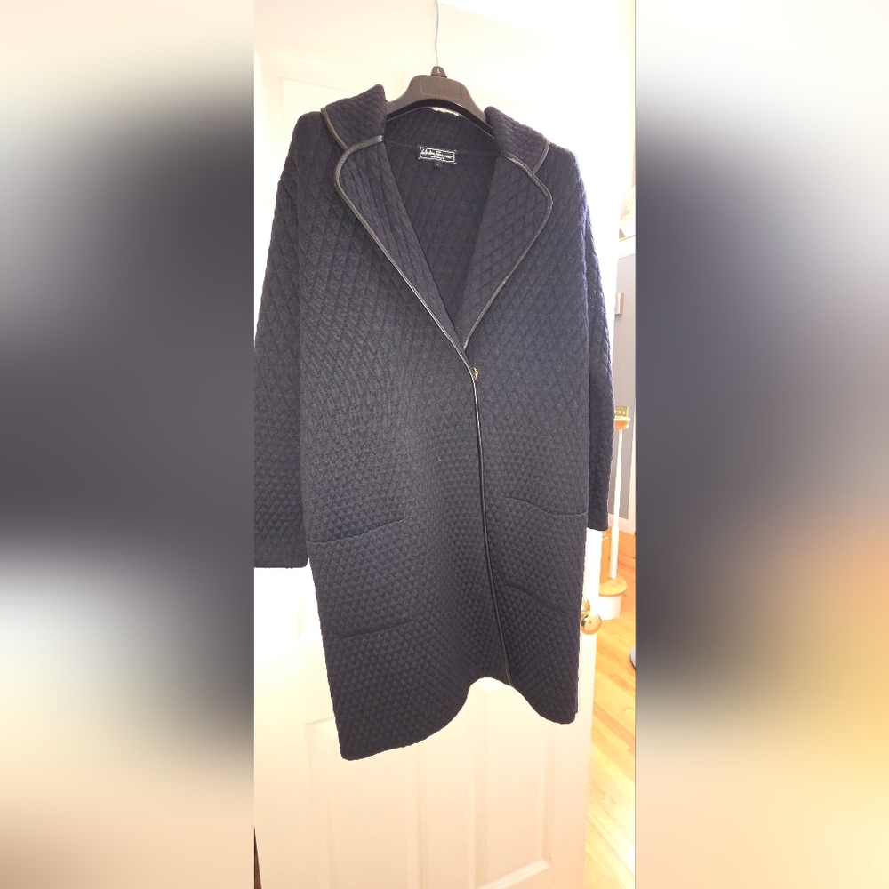 Salvatore Ferragamo Navy Quilted Wool Coat. LARGE